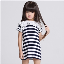 苹果树新款韩版女童长款蕾丝条纹拼接T恤60077